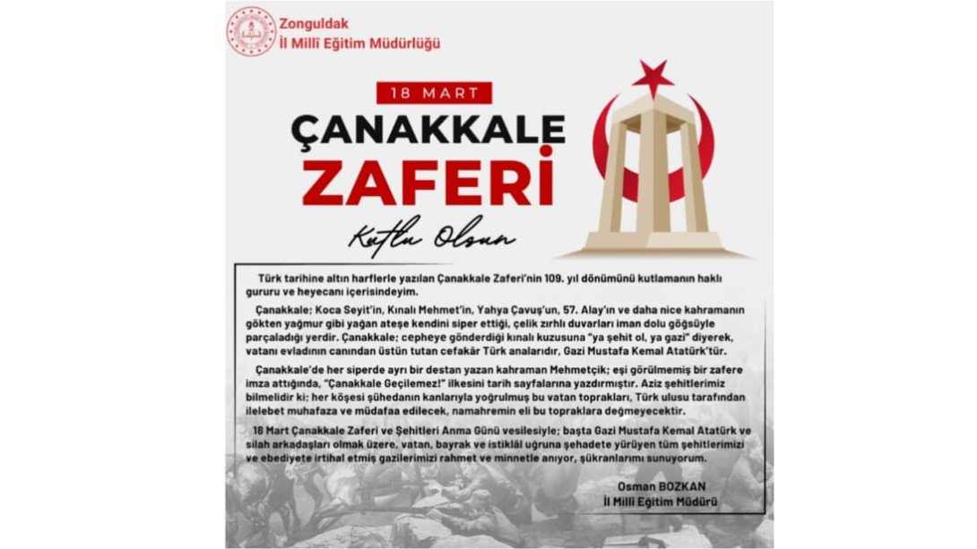 İl Millî Eğitim Müdürümüz Sayın Osman Bozkan'ın 18 Mart Çanakkale Zaferi ve Şehitleri Anma Günü Mesajı