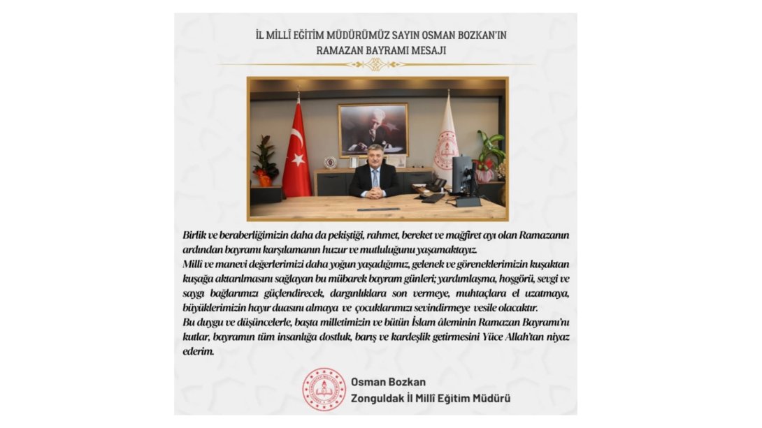 İl Millî Eğitim Müdürümüz Sayın Osman Bozkan'ın Ramazan Bayramı Mesajı